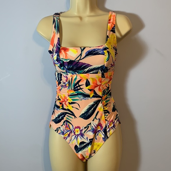 Old navy square neck peachy pink tropical print one piece bathing suit size xs - Picture 1 of 7